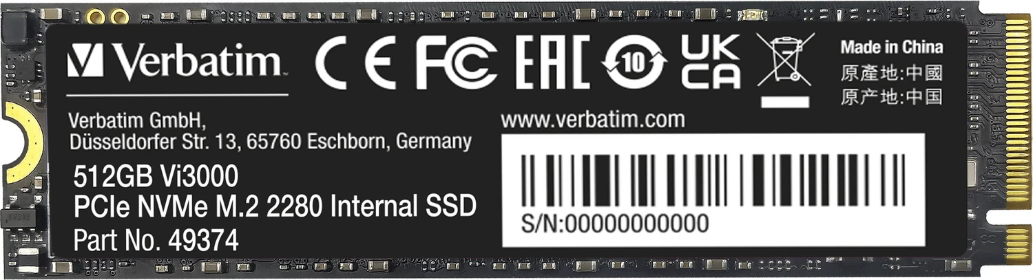 Verbatim Vi3000 PCIe NVMe SSD 512GB, M.2 2280 / M-Key / PCIe 3.0 x4